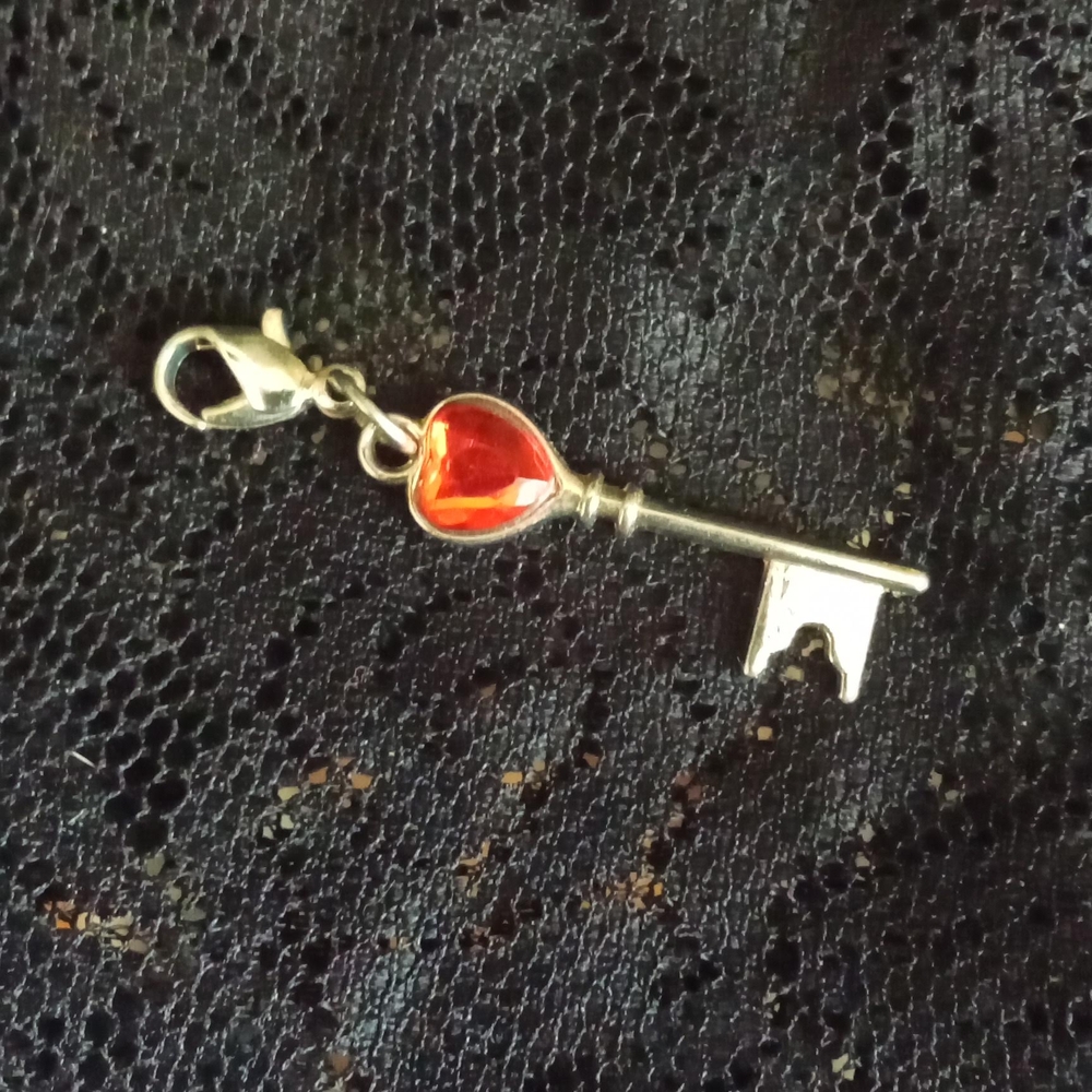 Gold Key Charm with Red Heart Gemstone